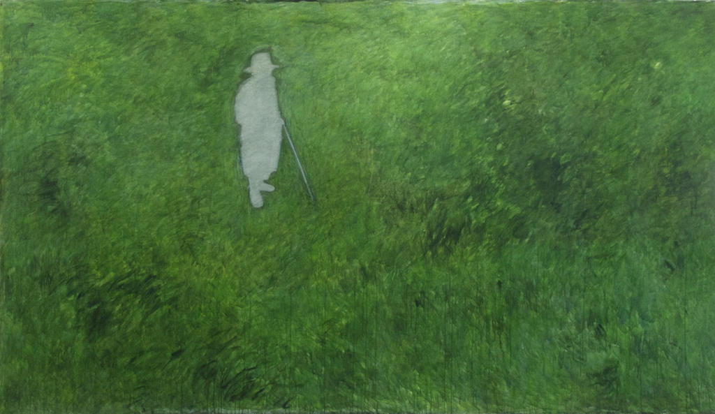 A figure silhouetted in white stands in a painterly field of varied greens