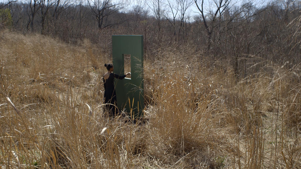 a black woman with two buns stands in a field of long dry grass with facing a green sculptural door-like portal